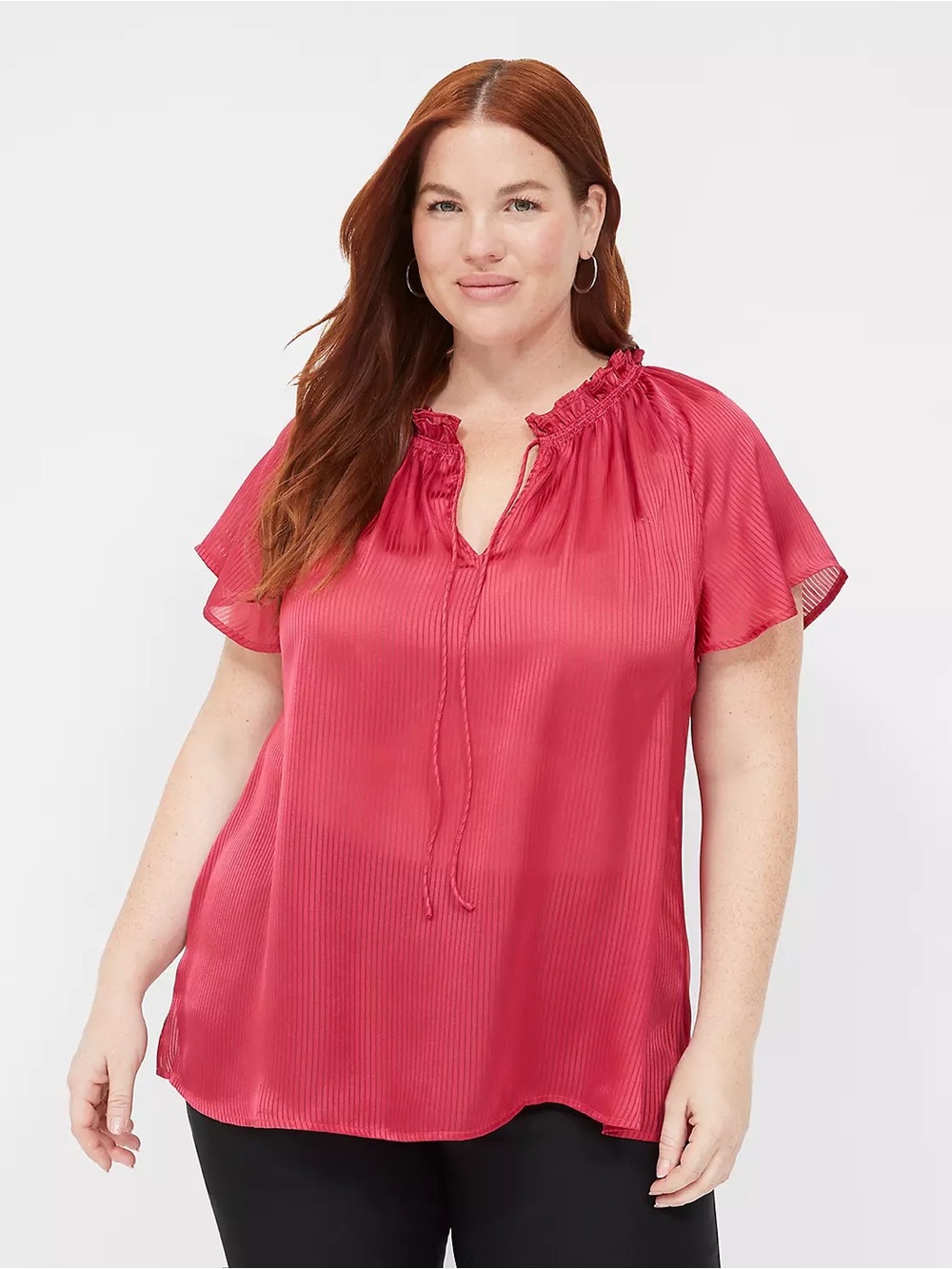 Lane Bryant Pink/cranberry Ruffle-Neck Short Sleeve Blouse